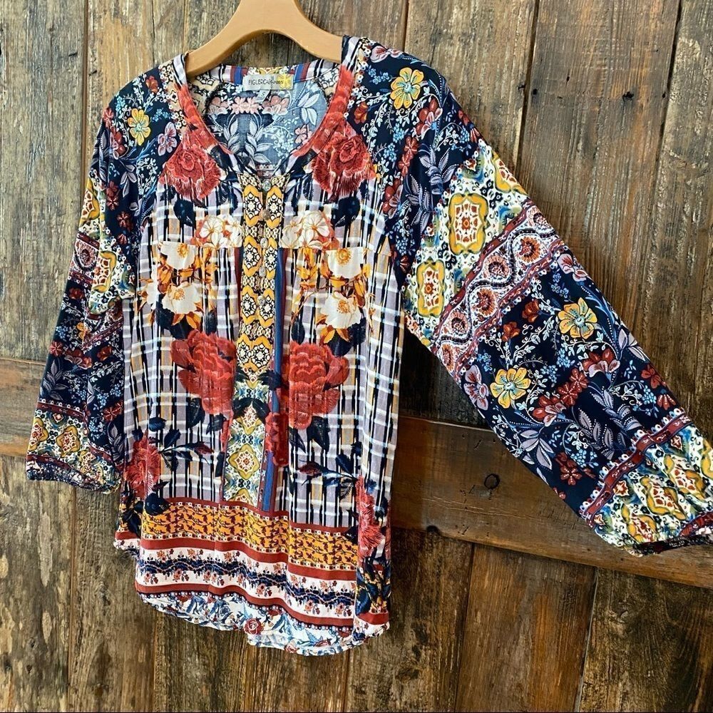 Figueroa & Flower Sz S Navy Blue Mixed Floral Pattern BOHO Relaxed Fit Blouse - Picture 6 of 10
